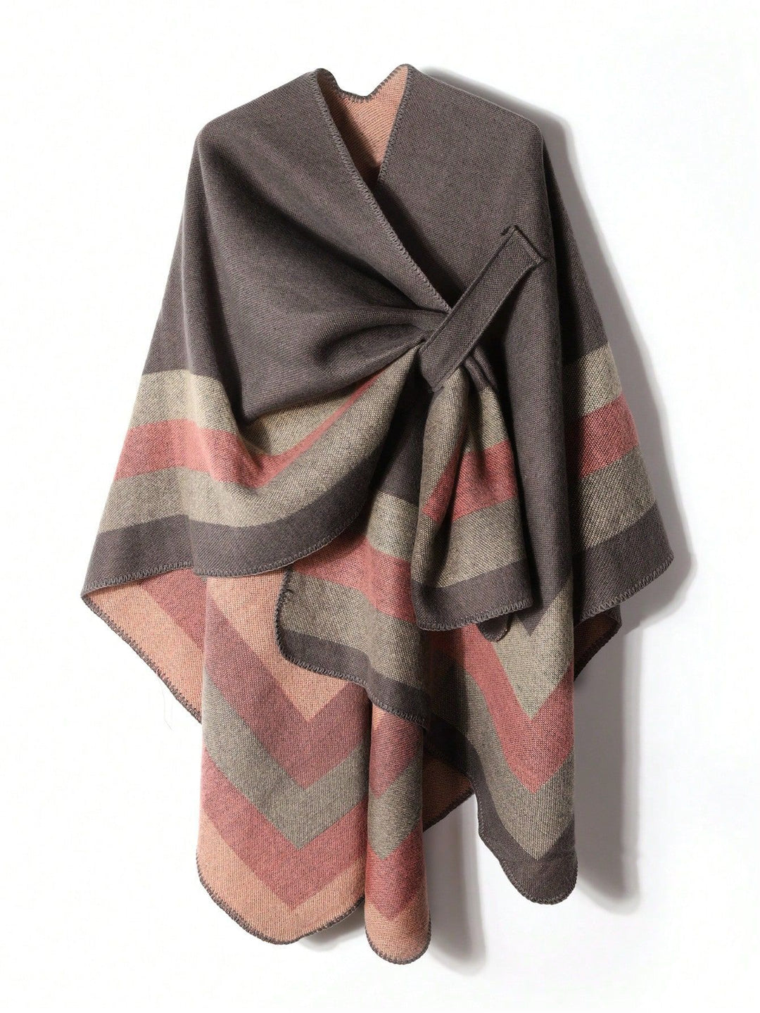 Ladies Open Knit Cape Poncho with Contrasting Color Block Stripes and Decorative Stitch Mune Fashion