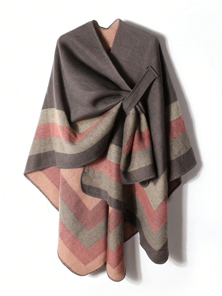 Ladies Open Knit Cape Poncho with Contrasting Color Block Stripes and Decorative Stitch Mune Fashion
