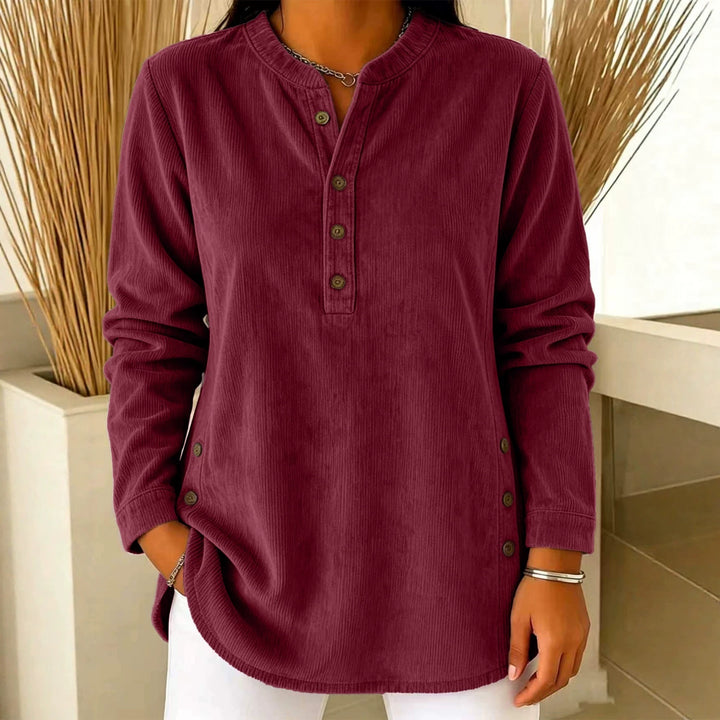 Women Casual Corduroy Look Tunic with Henley Neckline and Side Buttons Drune