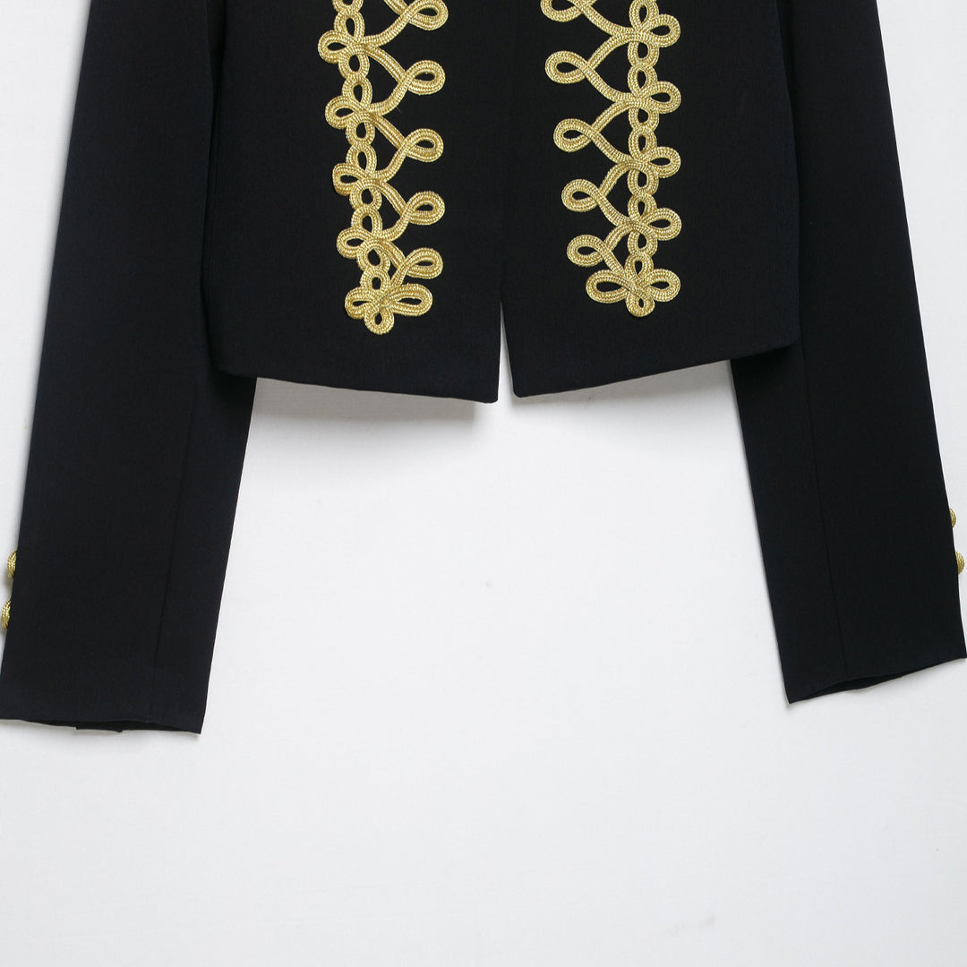 Women's Cropped Military-Inspired Short Jacket with Decorative Gold Trim Mune Fashion
