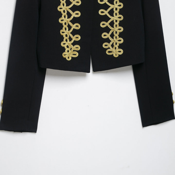Women's Cropped Military-Inspired Short Jacket with Decorative Gold Trim Mune Fashion