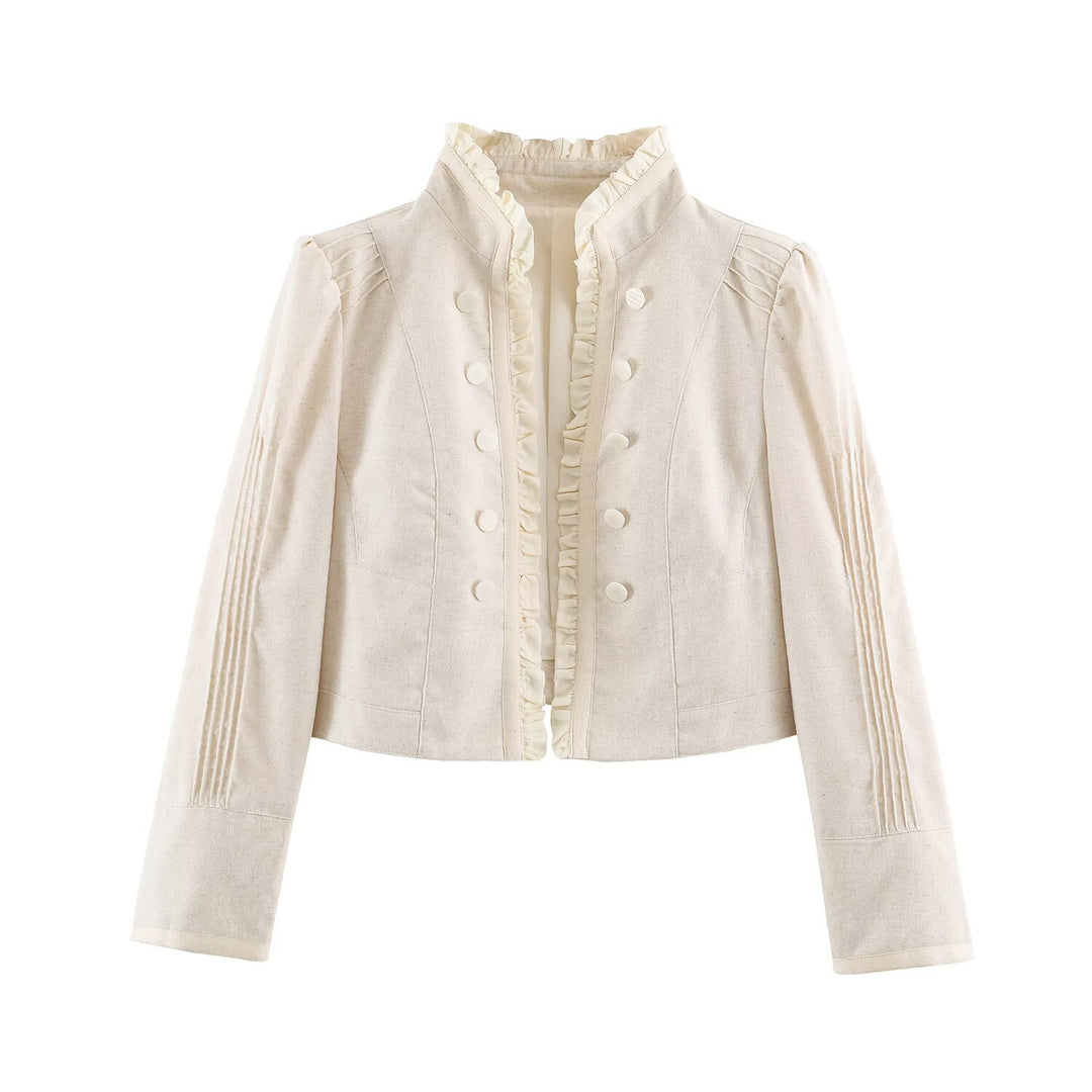 Women's Cropped Tailored Jacket with Stand-Up Collar Ruffle Trim and Decorative Buttons Mune Fashion