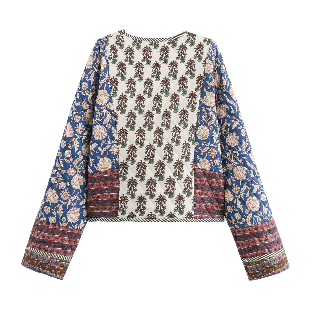 Women's quilted patchwork kimono jacket with open front and patch pockets Mune Fashion