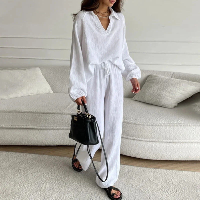 Women's Lightweight Crinkle Lounge Set with V-Neck and Wide High-Waist Pants Mune Fashion