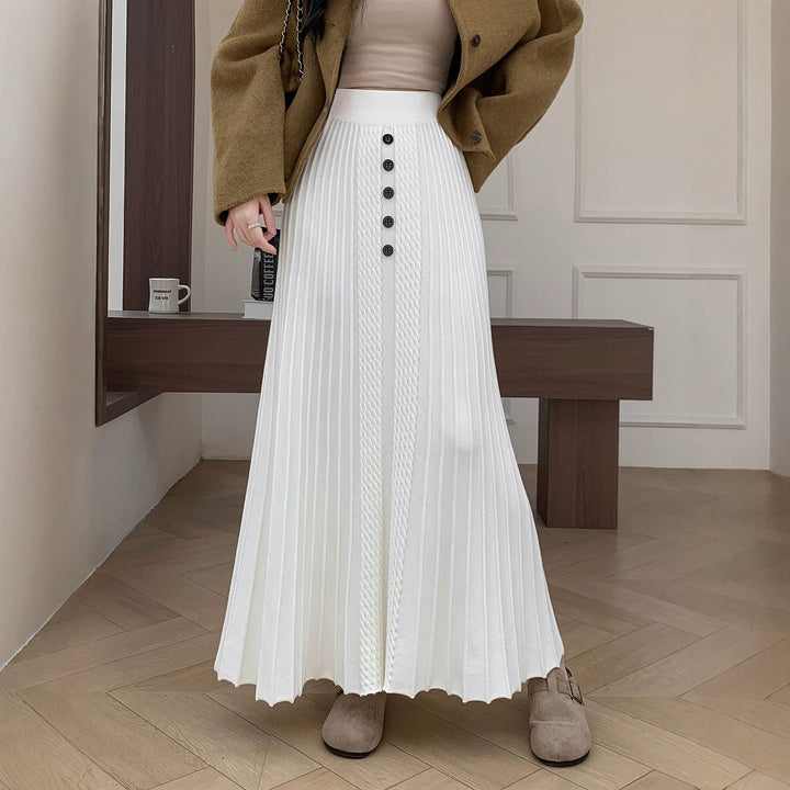 Ladies Elegant Pleated Maxi Skirt with Button Details Mune Fashion