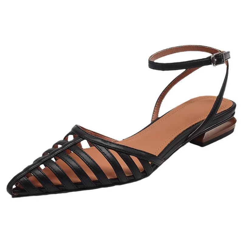 Women’s pointed toe lattice sandal with fine straps, adjustable ankle strap, and low block heel Mune Fashion