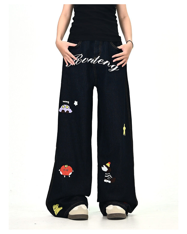Women's Wide Cut Costume Jeans with Colorful Embroidery Design Mune Fashion