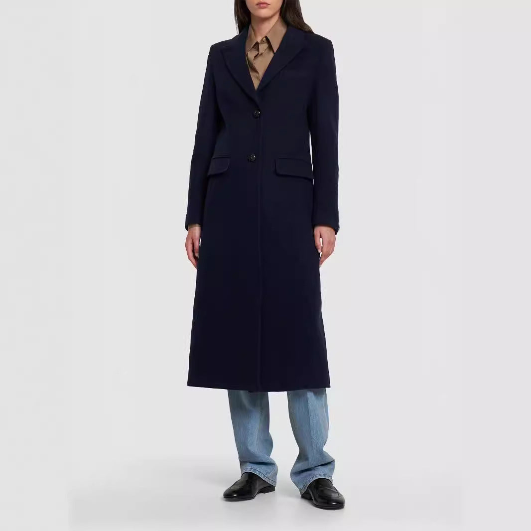Women's Midi Length Single-Breasted Tailoring Coat with Narrow Lapels and Flap Pockets Mune Fashion