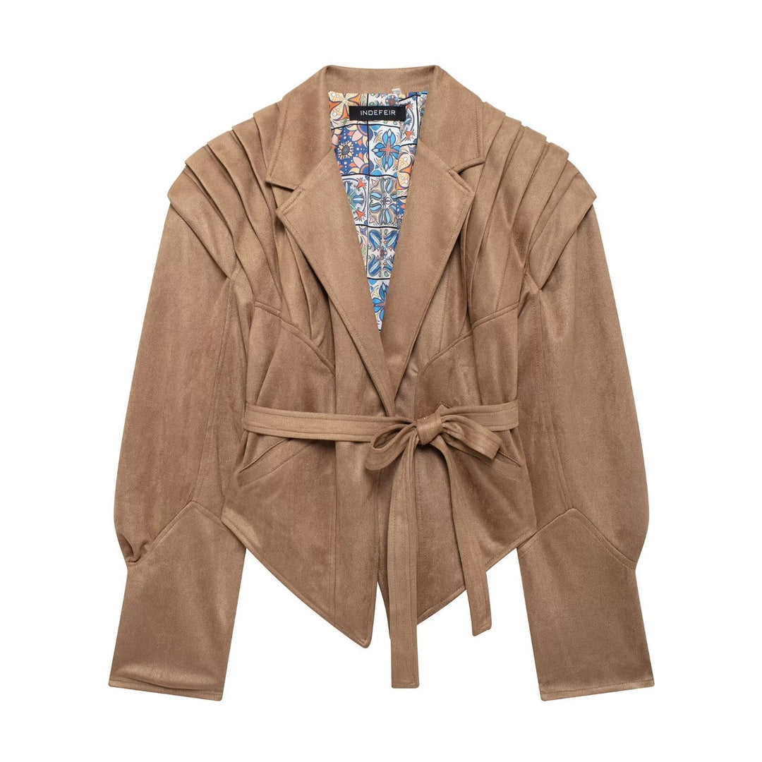 Women in tailored suede look blazer with wrap belt and gathered shoulders Mune Fashion