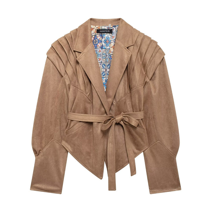 Women in tailored suede look blazer with wrap belt and gathered shoulders Mune Fashion