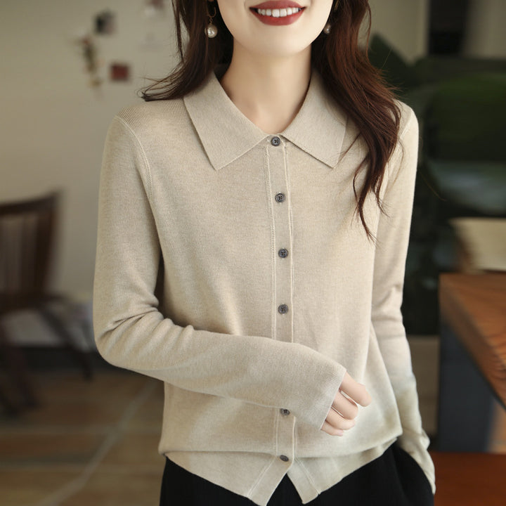 Women Lightweight Fine Knit Cardigan with Polo Collar and Continuous Button Placket Mune Fashion