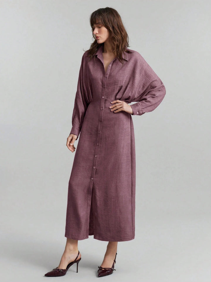 Women's linen maxi dress with shirt collar, full button placket, and batwing sleeves Mune Fashion