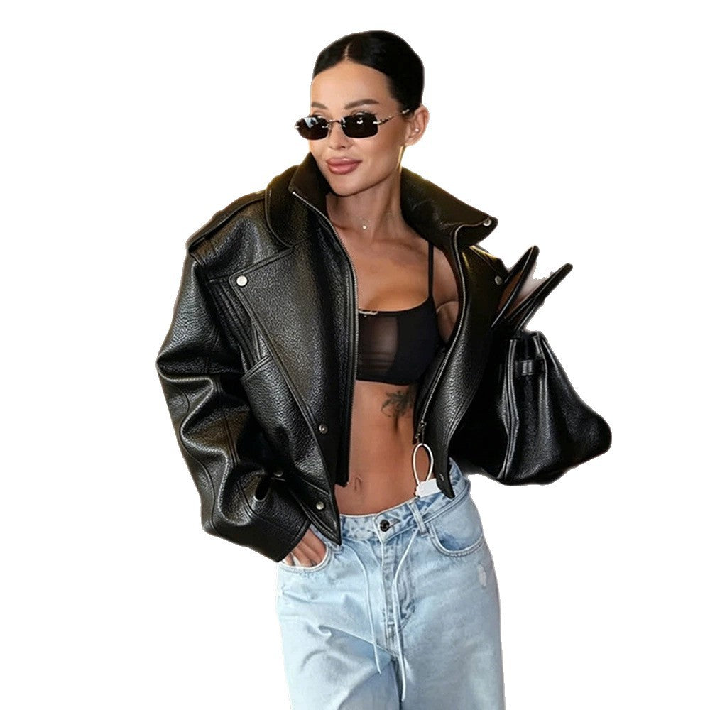 Women's Short-Cut Structured Biker Jacket Made of Faux Leather Mune Fashion