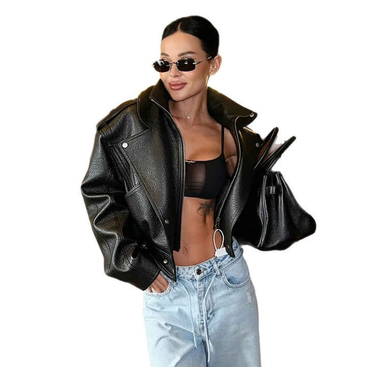 Women's Short-Cut Structured Biker Jacket Made of Faux Leather Mune Fashion