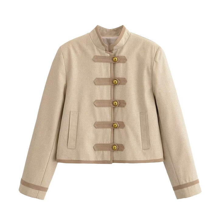 Women Short Military-Inspired Jacket with Stand Collar and Decorative Toggle Closure Mune Fashion