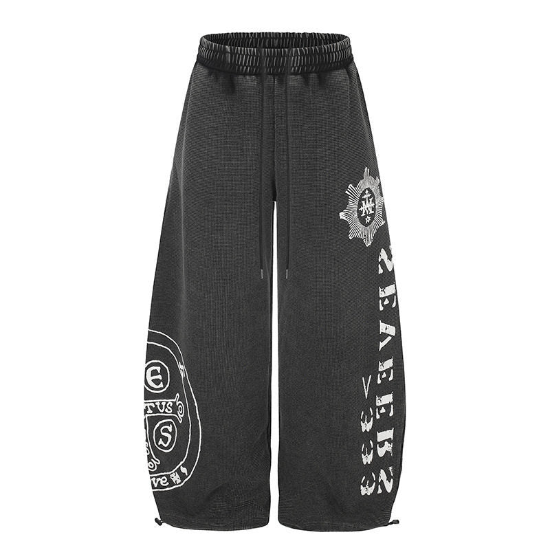Women's Wide Mid-Calf Palazzo Sweatpants with Adjustable Hem, Drawstring Waistband, and Statement Print