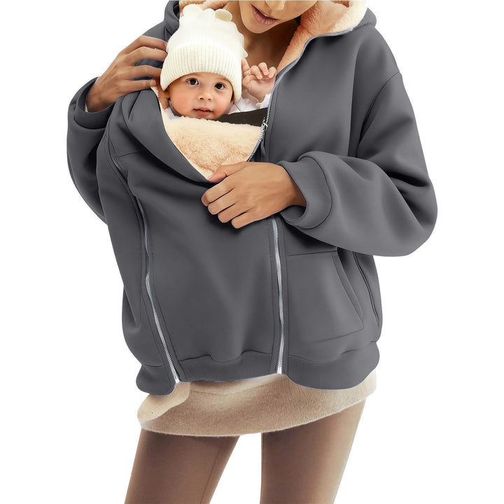 Women nan baby carrier hoodie with teddy lining and two-way zipper Mune Fashion