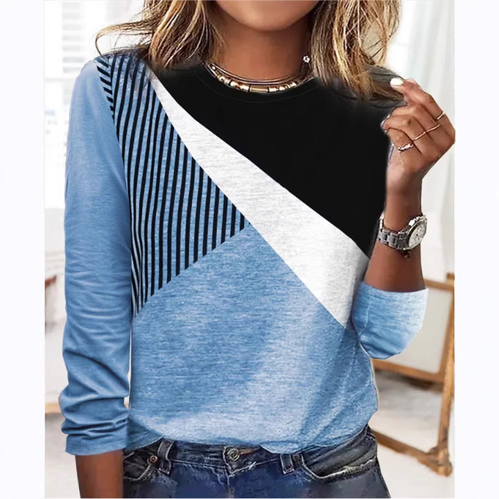 Women's Colorblock Long Sleeve Shirt with Diagonal Stripe Design and Round Neckline Mune Fashion
