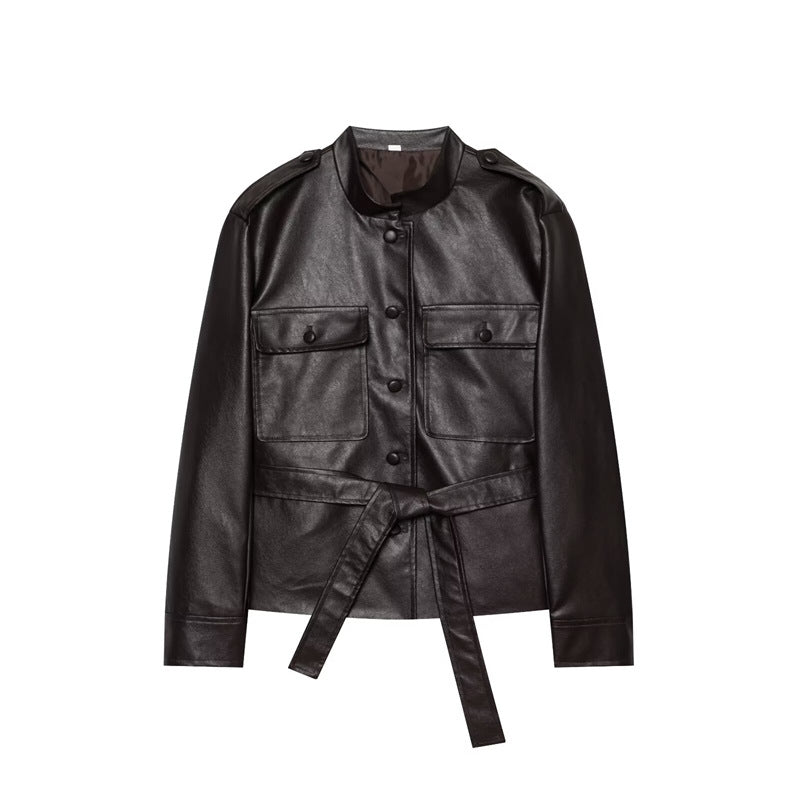 Women's Tailored Faux Leather Safari Jacket with Tie Belt and Flap Pockets Mune Fashion