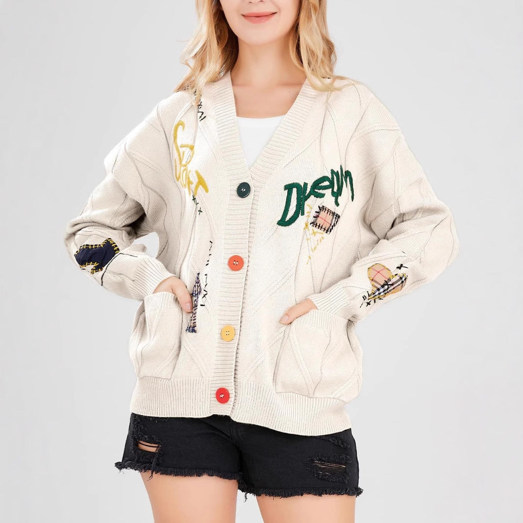 Women's Stylish Knitted Cardigan with Colorful Buttons and Elaborate Design