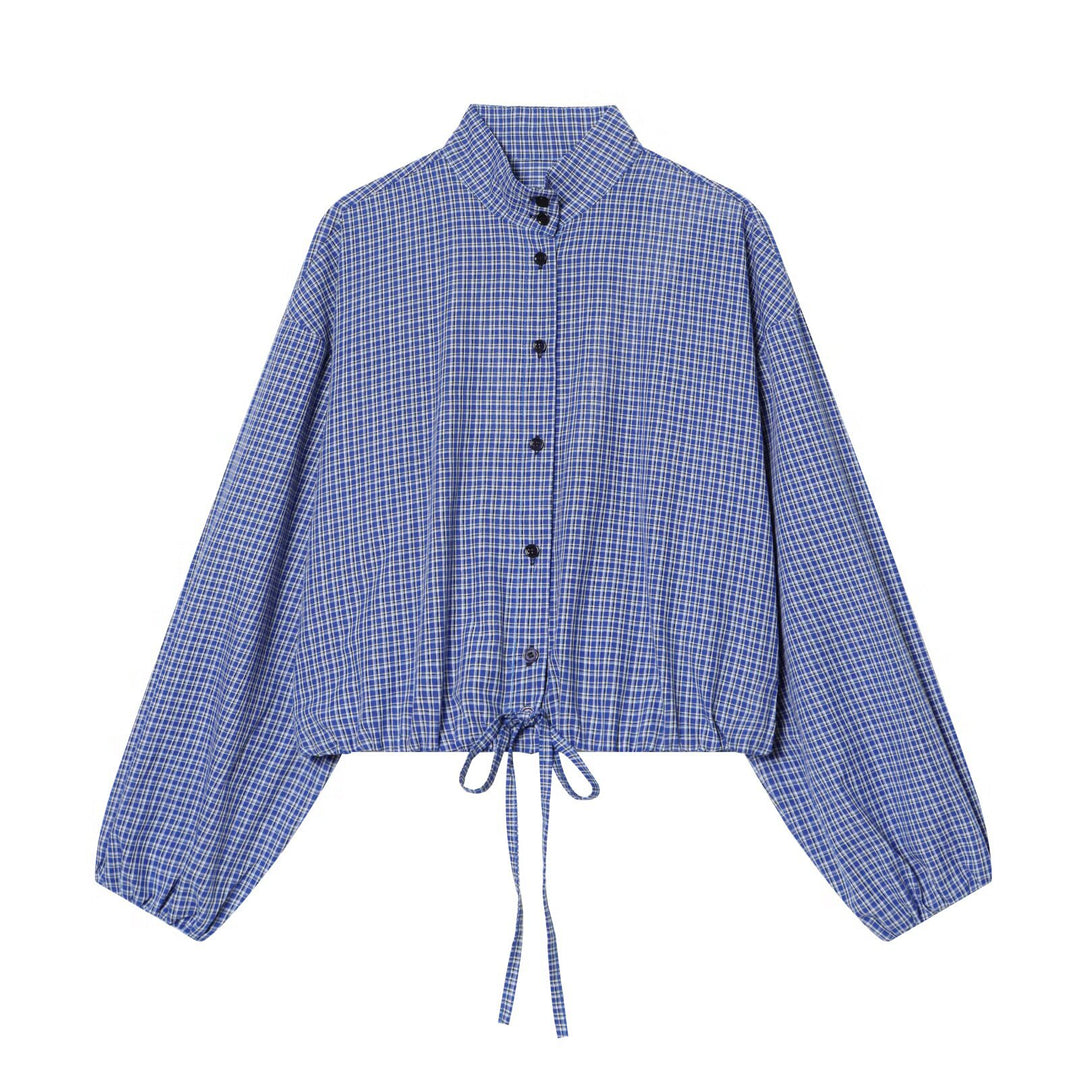 Ladies Checkered Short Shirt with Stand-Up Collar, Drawstring and Balloon Sleeves Mune Fashion