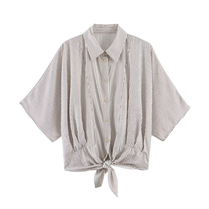 Women Striped Oversize Blouse with Kimono Sleeves and Knot Front Mune Fashion