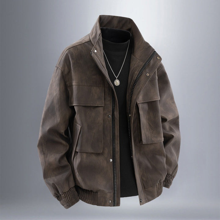 Men's utility Harrington jacket in leather look with multiple pockets and elastic hem Mune Fashion
