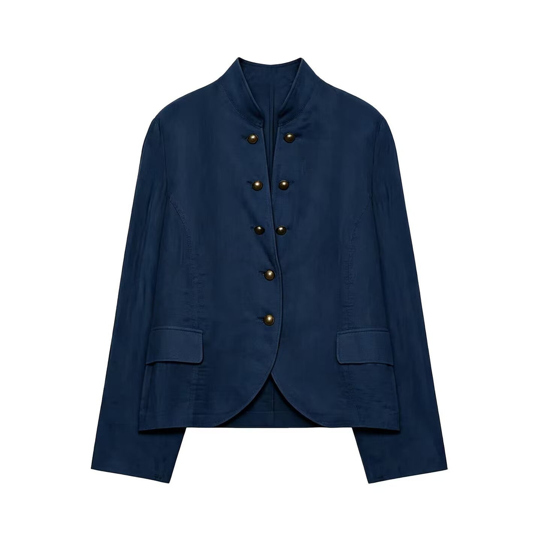 Women's short blazer in military style with stand-up collar and decorative metal buttons Mune Fashion