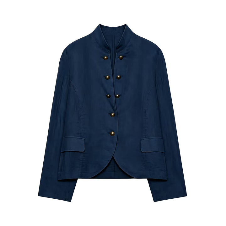 Women's short blazer in military style with stand-up collar and decorative metal buttons Mune Fashion