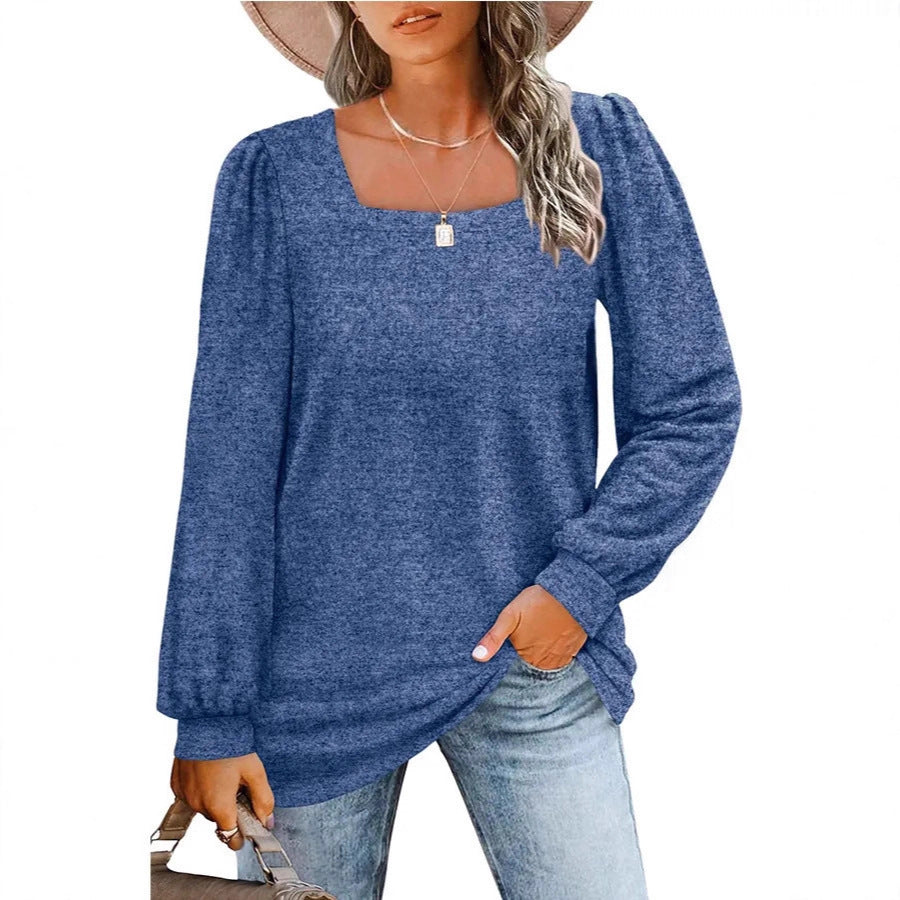 Women's relaxed fine-knit sweater with square neckline, puff shoulder, and cuffs