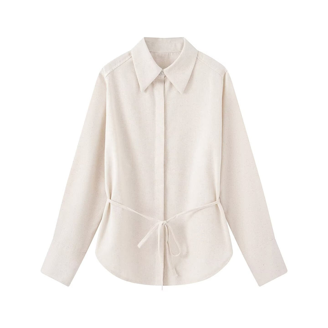 Women Two-piece ensemble consisting of fitted blouse with tie and high-waisted palazzo pants Mune Fashion