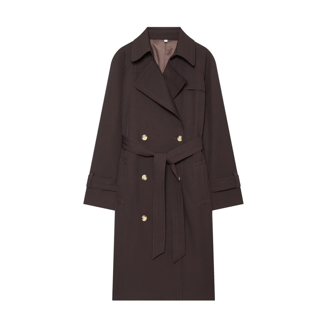 Ladies Longline Double-breasted Trench Coat with Waist Belt, Decorative Seams and Lapel Collar Drune