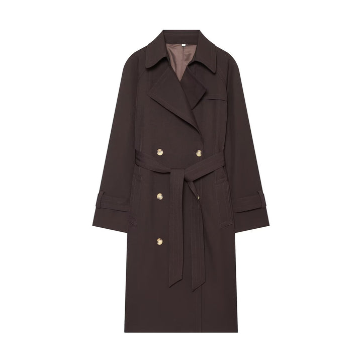 Ladies Longline Double-breasted Trench Coat with Waist Belt, Decorative Seams and Lapel Collar Drune