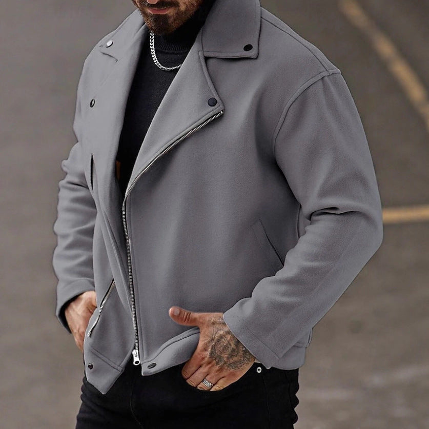 Men's Oversized Biker Jacket made of Wool Blend with Asymmetrical Zipper and Snap Button Details Drune