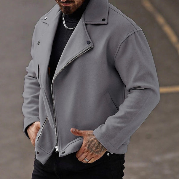 Men's Oversized Biker Jacket made of Wool Blend with Asymmetrical Zipper and Snap Button Details Drune