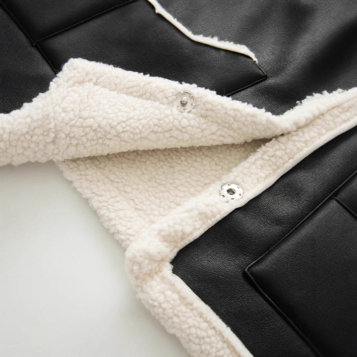 Women's Sleeveless Lambskin Look Vest with Notched Collar and Patch Pockets Mune Fashion