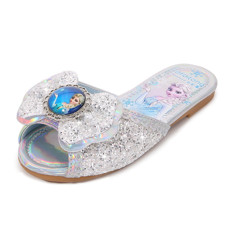 Girl Glittering Slippers with Flower Application Mune Fashion