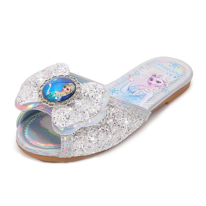 Girl Glittering Slippers with Flower Application Mune Fashion