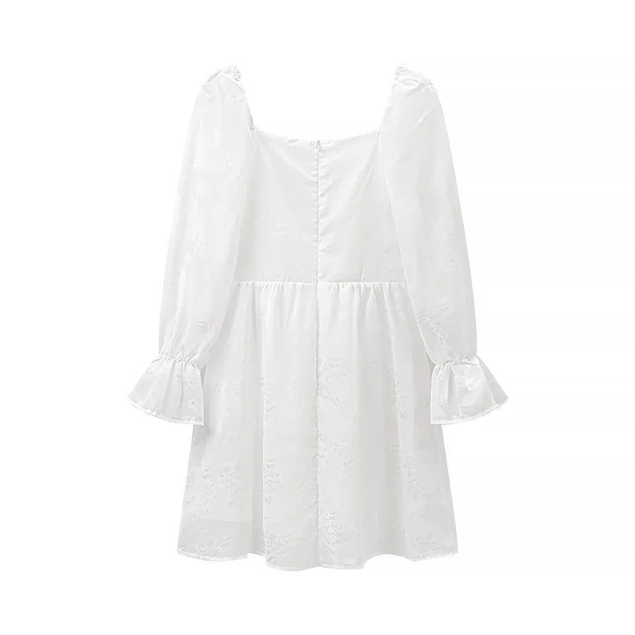 Ladies embroidered Carmen mini dress with square neckline, empire waist and ruched bell sleeves Mune Fashion