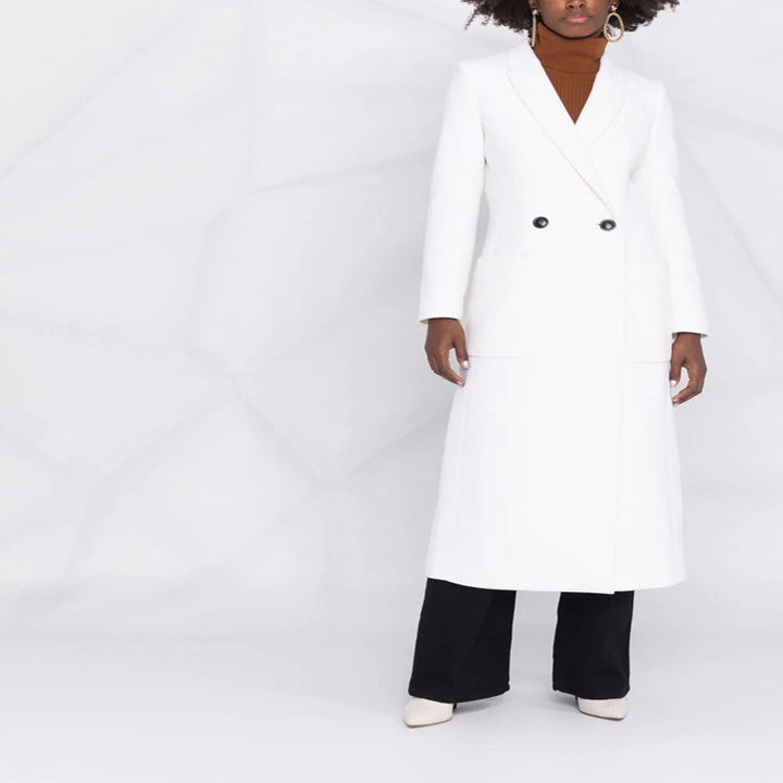 Women's Maxi Long Tailored Wool Blend Coat in Clean Tailoring with Accentuated Shoulder Mune Fashion