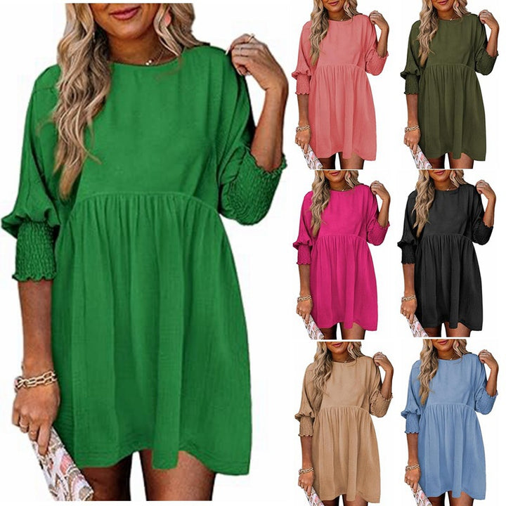 Women's Loose Babydoll Dress with Balloon Sleeves and Gathered Waist Mune Fashion