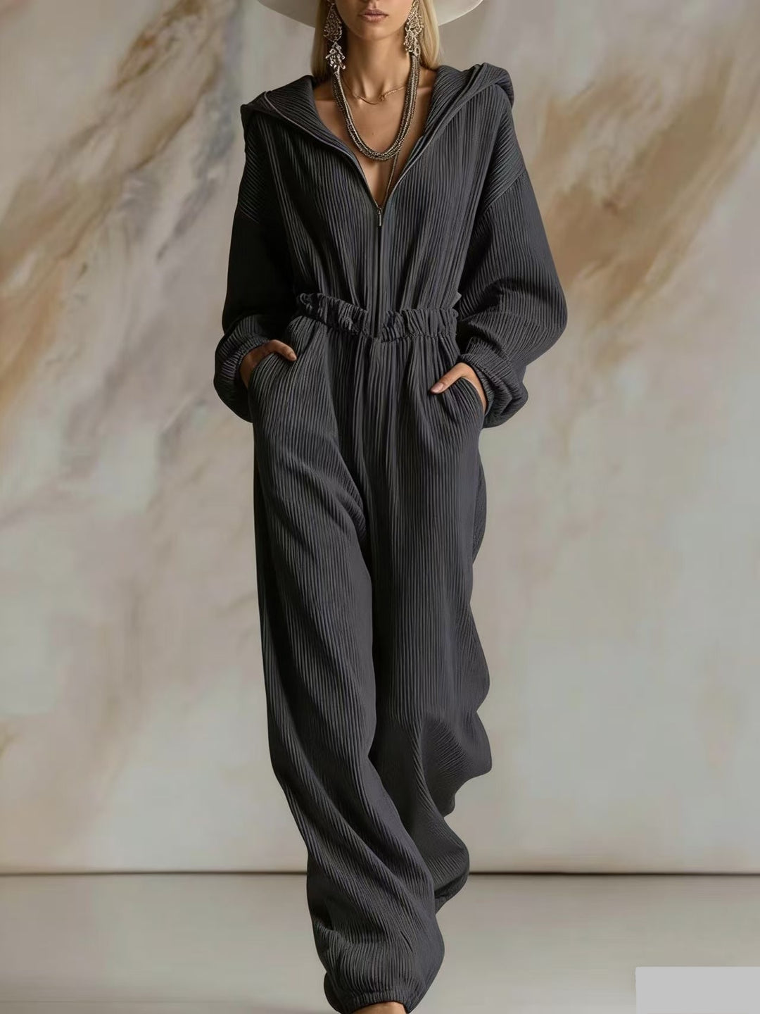 Ladies Pleated Hooded Jumpsuit with Zipper and Elastic Waist Mune Fashion