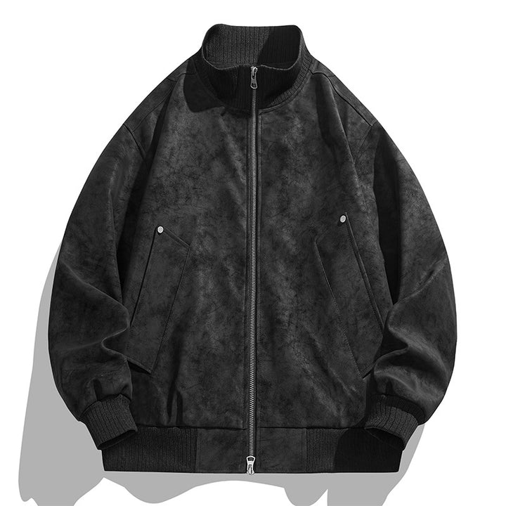 Men's Oversized Suede Look Bomber Jacket with Stand-Up Collar and Ribbed Cuffs Mune Fashion