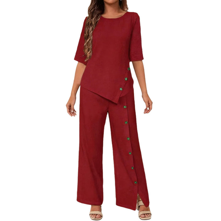 Women's asymmetric two-piece lounge set with 3/4 sleeves and side button decoration Mune Fashion