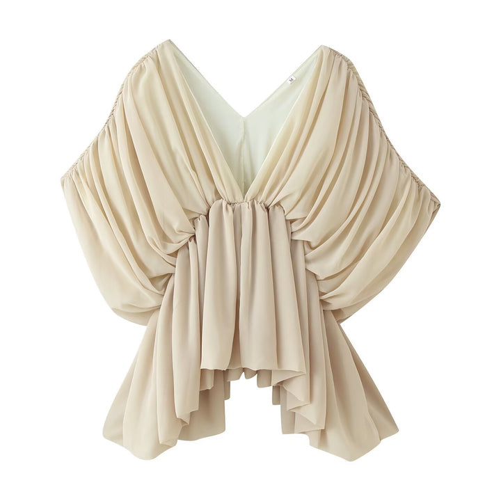 Women Draped Chiffon Top with Deep V-Neck and Ruffle Cape Drune