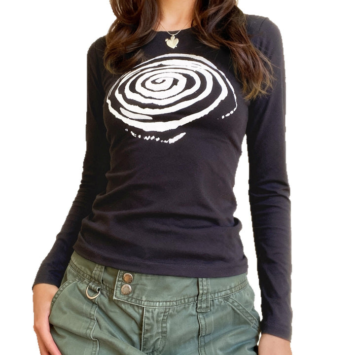 Women's Figure-hugging Long Sleeve Shirt with Artistic Spiral Print Mune Fashion