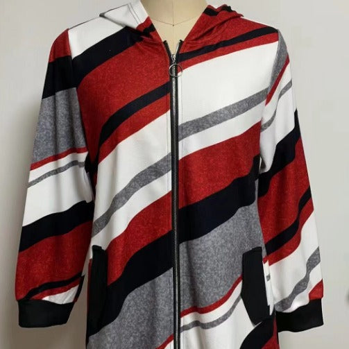 Women's longline hoodie jacket with diagonal stripe pattern, ring zipper and side pockets Mune Fashion