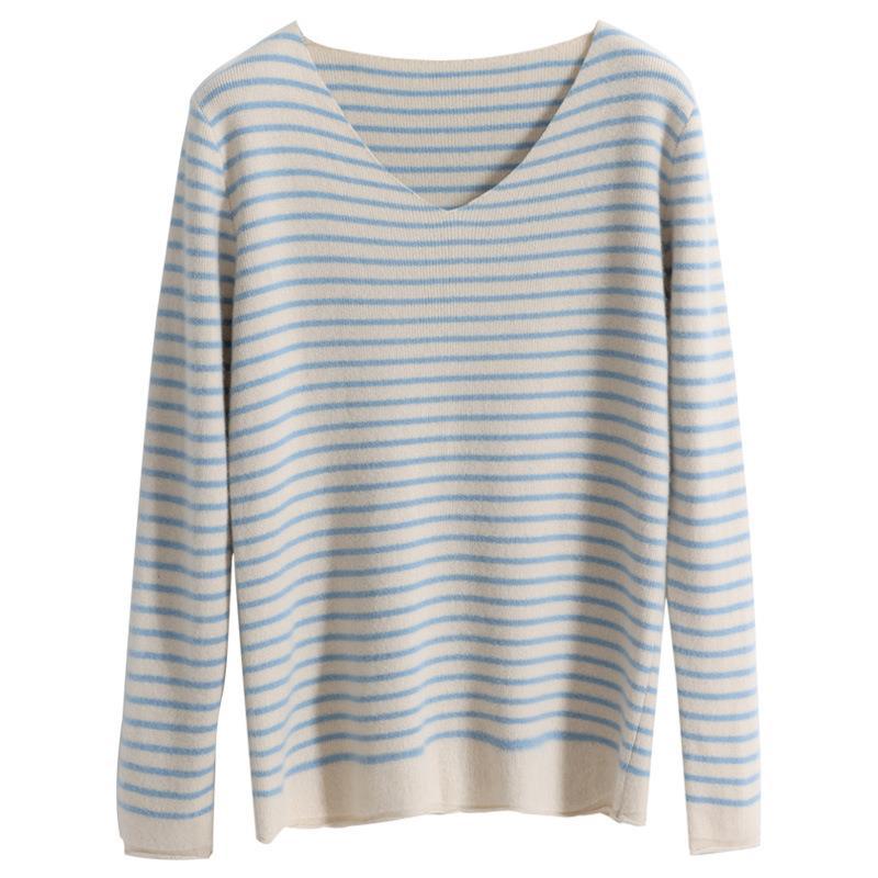 Women's delicate striped V-neck pullover made of fine rib knit with a soft drape