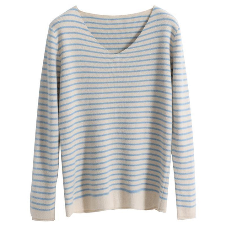 Women's delicate striped V-neck pullover made of fine rib knit with a soft drape
