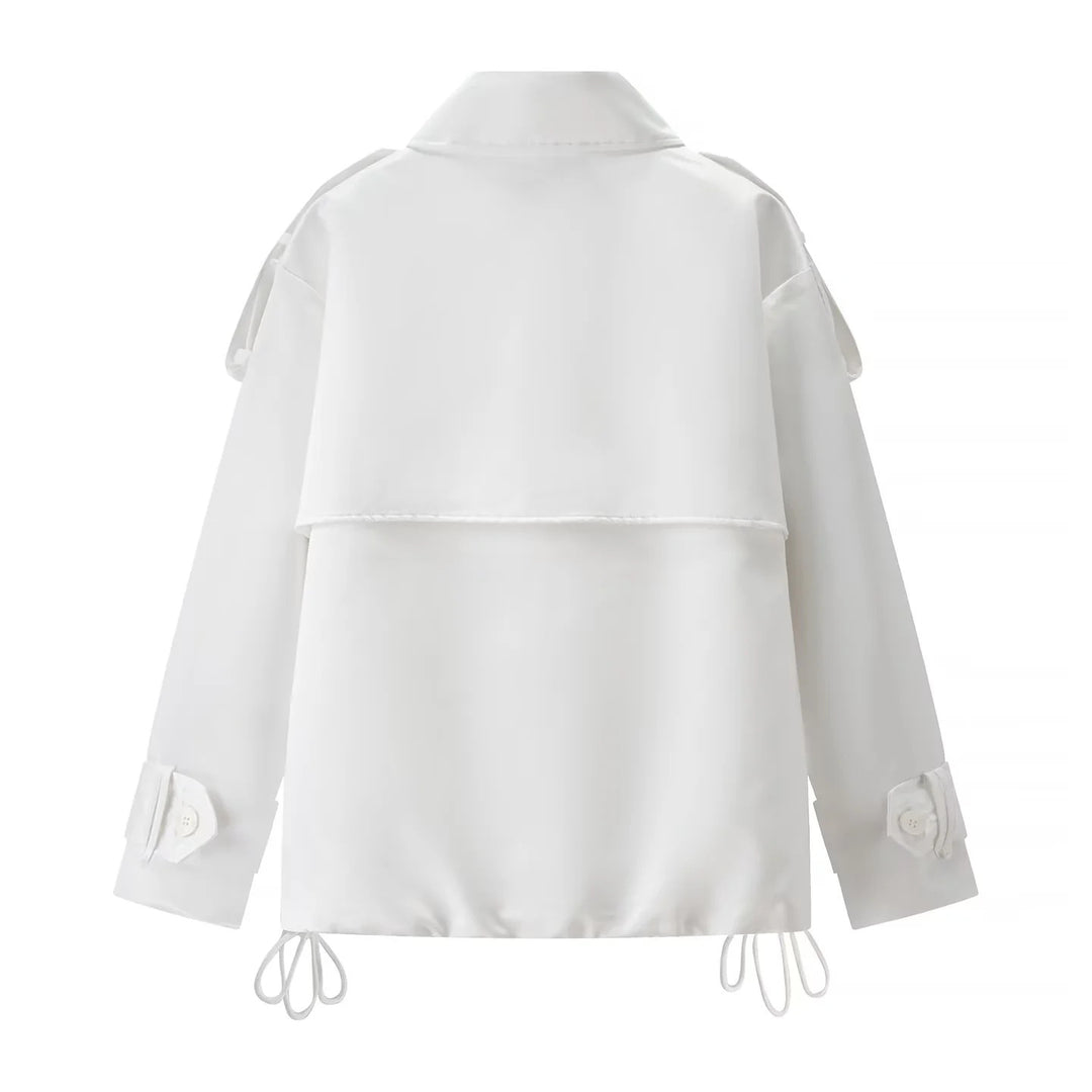 Women's short double-breasted trench coat with shoulder flaps, adjustable hem drawstring, and adjustable cuffs Mune Fashion